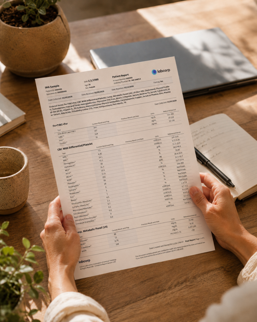 Close up of a woman reviewing comprehensive blood work results