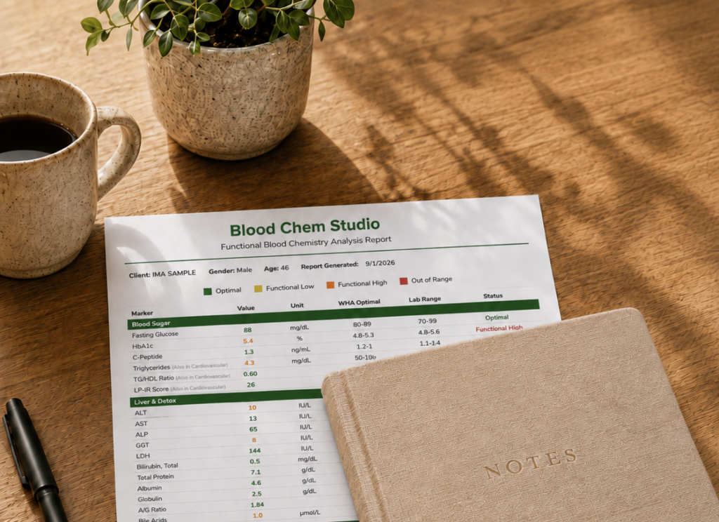 Functional blood chemistry report partially covered by a notebook on a wooden table