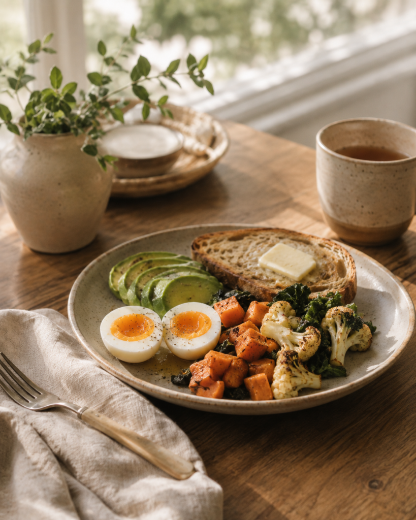 Nutrient dense meal with eggs, avocado, roasted vegetables, and sourdough toast